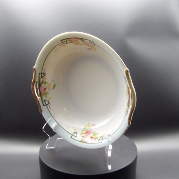 Antique Hand Painted Nippon Handled Serving Bowl Gold Rim Blue Rim Roses Blue Ni - Picture 4 of 10